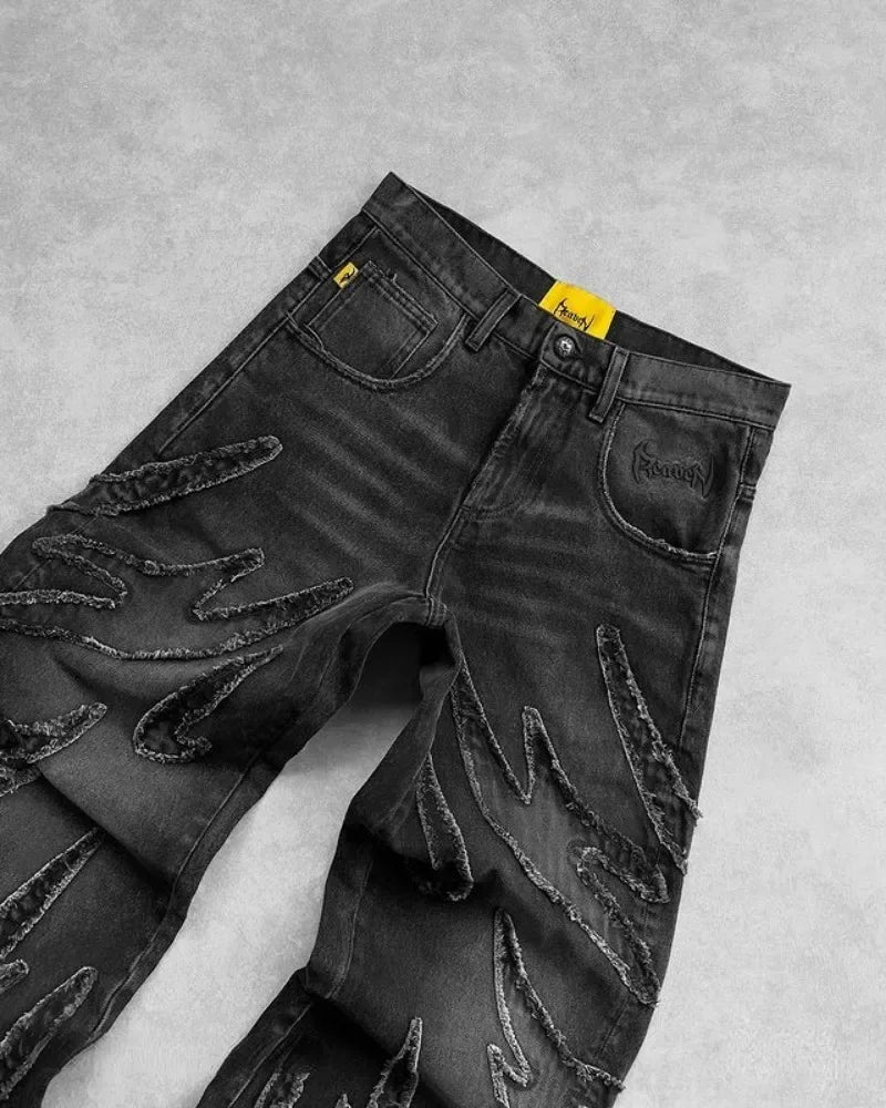 2025 Y2k Hip Hop Baggy Jeans for Men Distressed Retro Black Pants Embroidery Harajuku Gothic Wide Leg Trousers Streetwear Pants