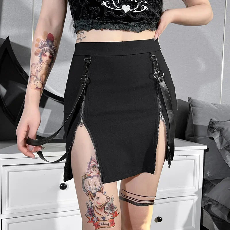 Y2k Skirt Dark Double Zipper Bag Hip Split Gothic Design Tight Skirt Harajuku Black Gothic Bag Hip Skirt Kawaii Vintage
