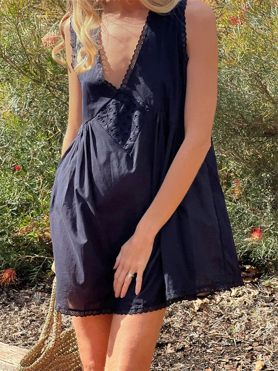 Y2k Coquette Mini Dress Women Lace Slips Low Neck Free Sleeveless Tank Flowy Boho Sundresses People Dupes 00s Vintage Clothes