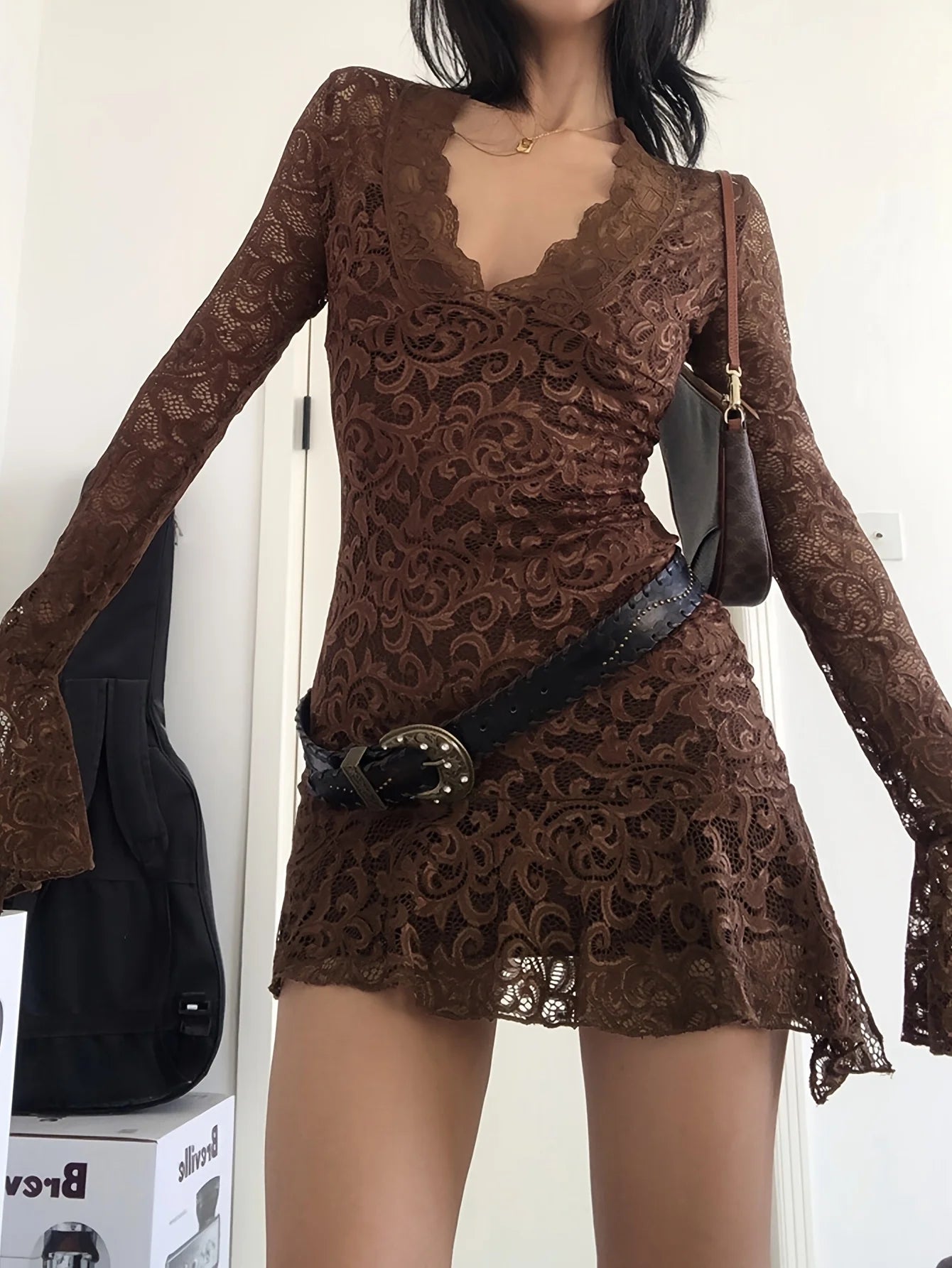 Summer Y2k Women's Dresses Sexy Sheer Mesh Lace Bodycon Dress Flared Long Sleeve V-Neck Mini Dress Party Club Evening Dresses