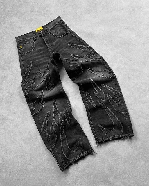 2025 Y2k Hip Hop Baggy Jeans for Men Distressed Retro Black Pants Embroidery Harajuku Gothic Wide Leg Trousers Streetwear Pants