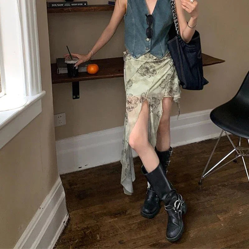 Y2K 2000S Asymmetric Mini Skirt Women Gothic Harajuku Floral Print Hip Wrap Skirts Summer Korean Aesthetic Slim A Line Skirt New