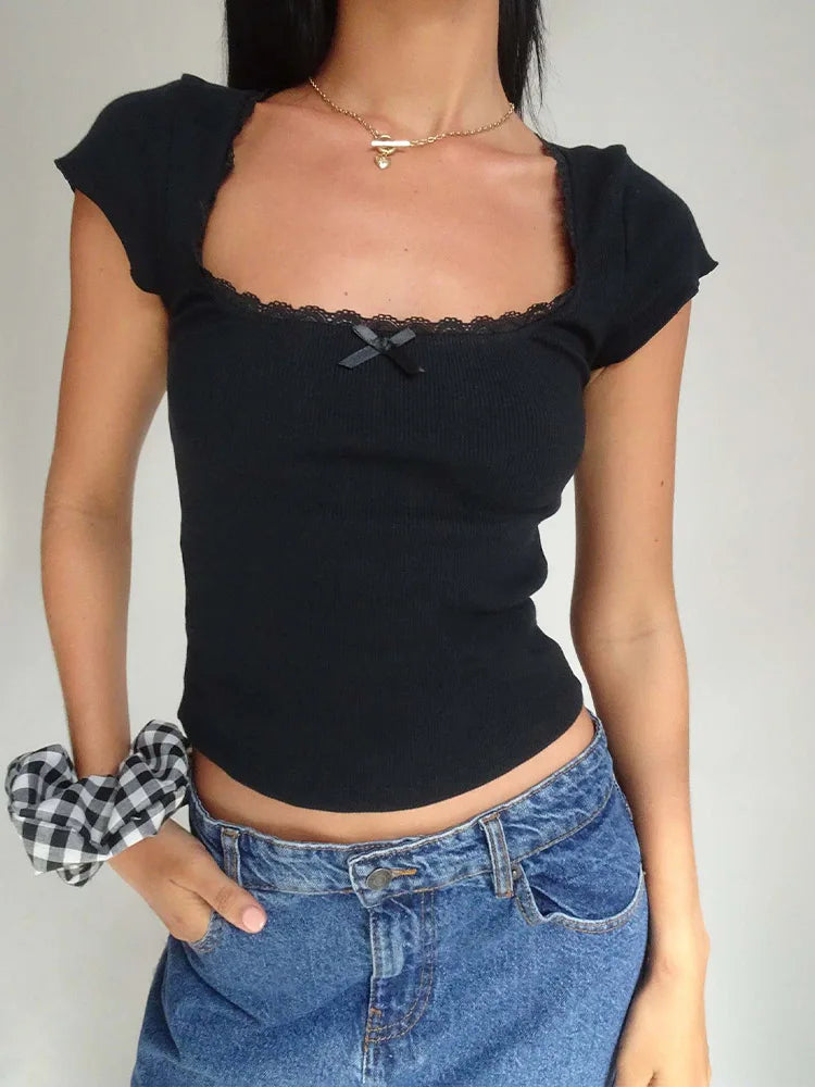 y2k Vintage Baby Tee Cottage Lace Trim Knitted