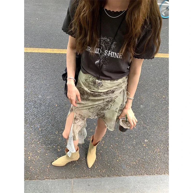Y2K 2000S Asymmetric Mini Skirt Women Gothic Harajuku Floral Print Hip Wrap Skirts Summer Korean Aesthetic Slim A Line Skirt New