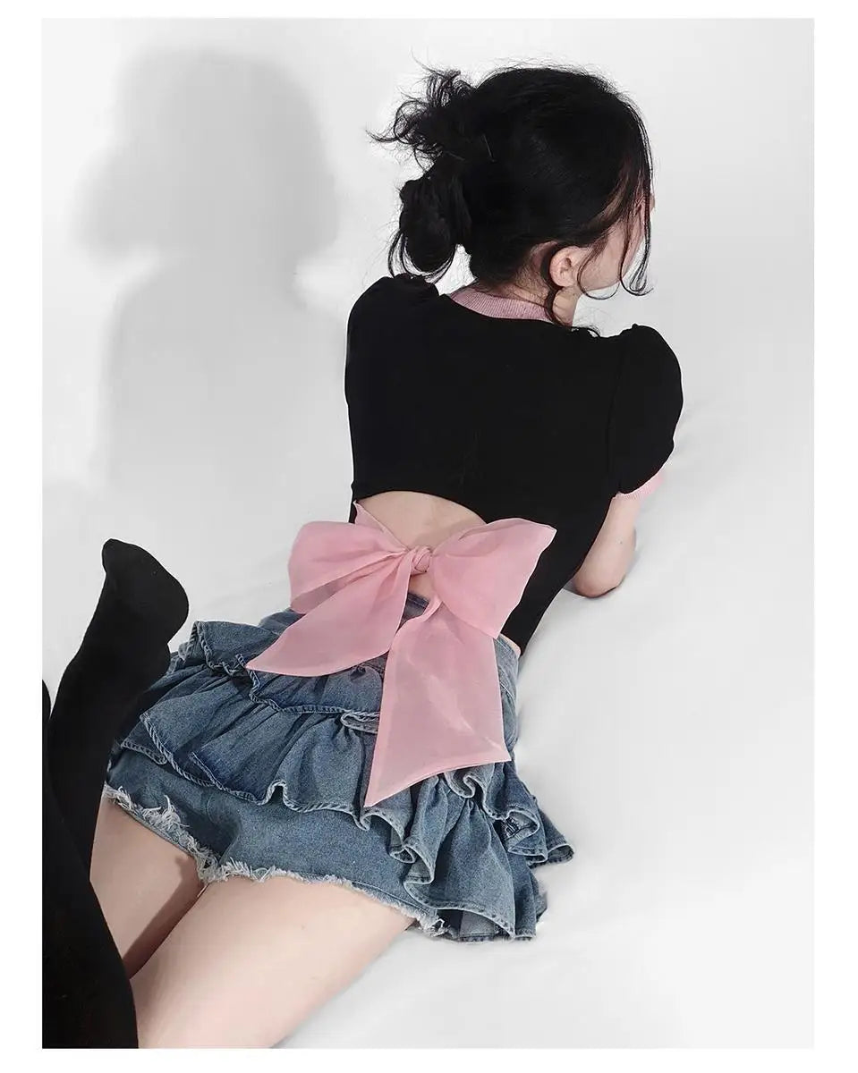 Y2k Skirt Set Bow Tie Love Hollow Out Crop Top Denim Ruffled Pleated Skirt 2 Piece Sets Women Summer Sexy Backless Outfits Suit