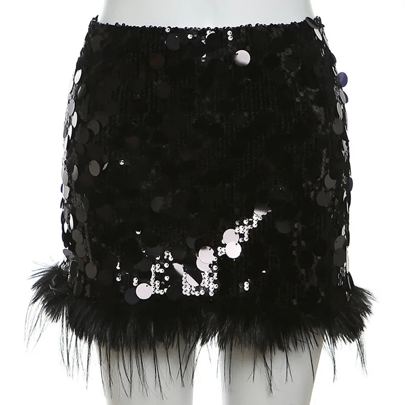 Sexy Mini Skirt Y2k Slim Women Clothing Feather Streetwear Sequined A-Line Faldones Para Mujer High Waist Casual Fashion Outfits