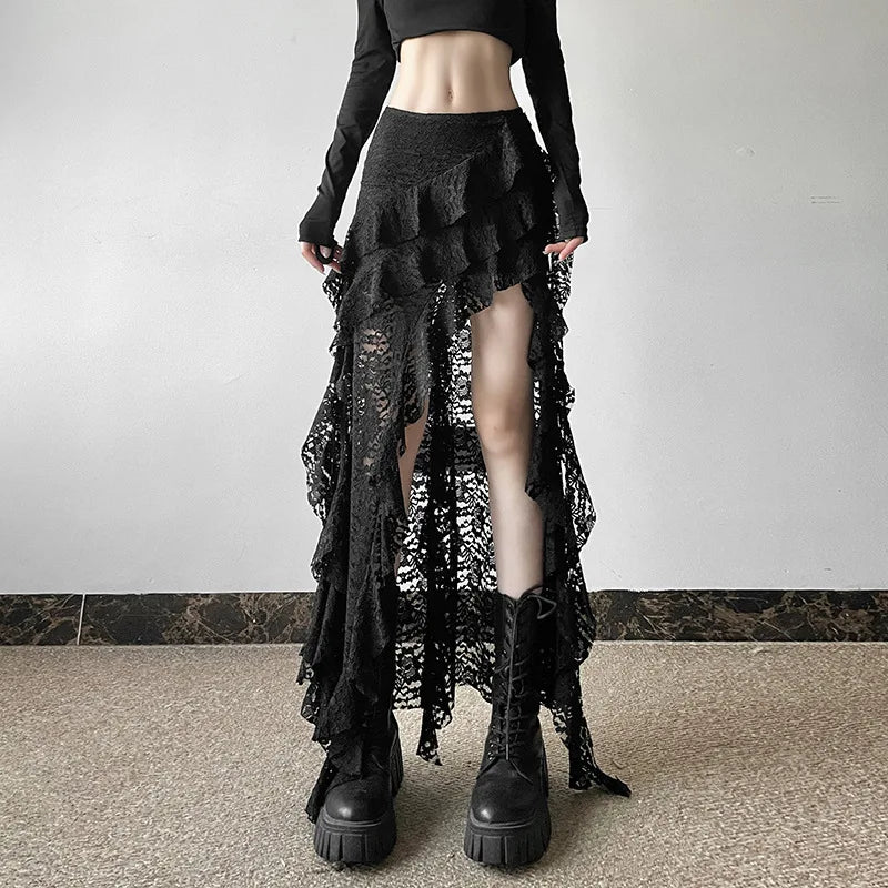 BKLD 2025 Autumn New Women Clothing Black Skirts Sexy High Waist Lace Ruffles Patchwork Irregular Y2k Skirts Party Clubwear