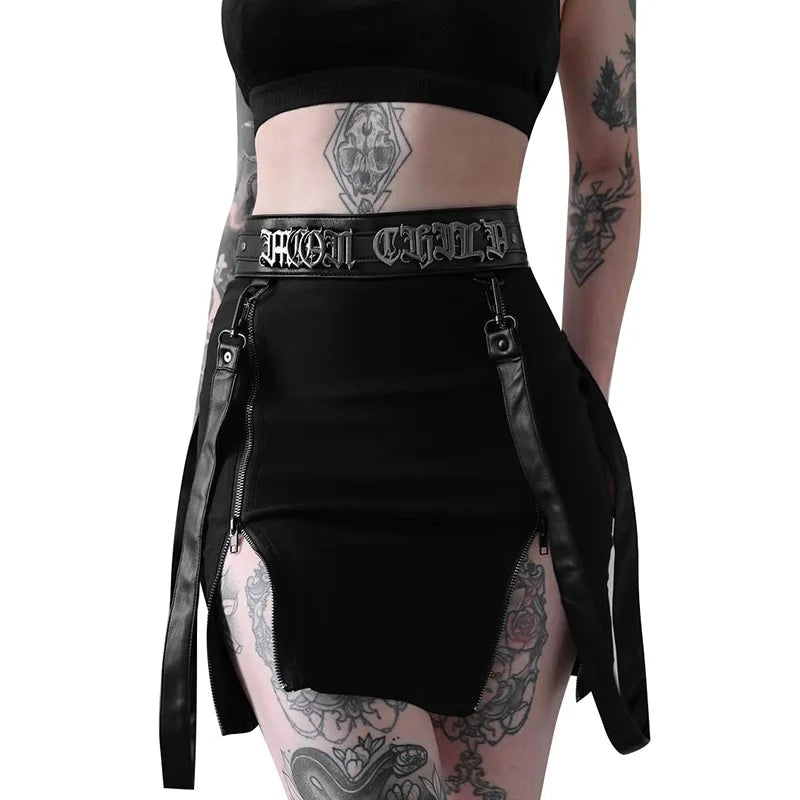 Y2k Skirt Dark Double Zipper Bag Hip Split Gothic Design Tight Skirt Harajuku Black Gothic Bag Hip Skirt Kawaii Vintage