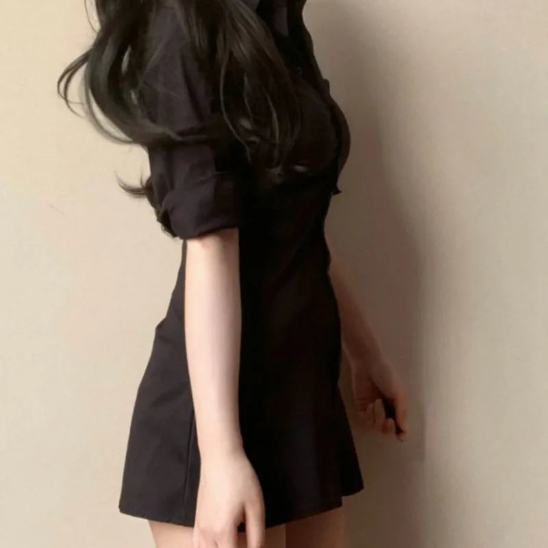 Mini Dresses for Women Skinny Sexy Female Solid Clothing Spring Summer Fashion Turn-down Collar Young Ins New High Waist Casual