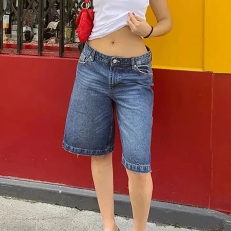 Y2k Aesthetic Bermuda Denim Shorts 90s Vintage Low Rise Wide Leg Knee Length Carpenter Jean Shorts Women Cow Girl Baggy Jorts