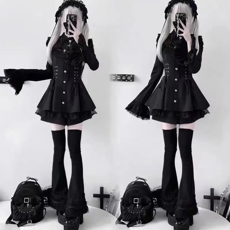 Women Y2k Aesthetic Lolita Style Bow Dress Shorts Set Japanese Gothic Lace Flare Sleeve Button Shirt Dress Punk Party Mini Dress