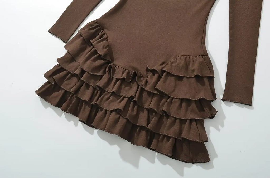 YENKYE Y2k Women Long Sleeve O Neck Ruffle Dresses Spring 2025 Basics Fashion Vestidos Mujer Spicy Girl Style Sexy Mini Dress