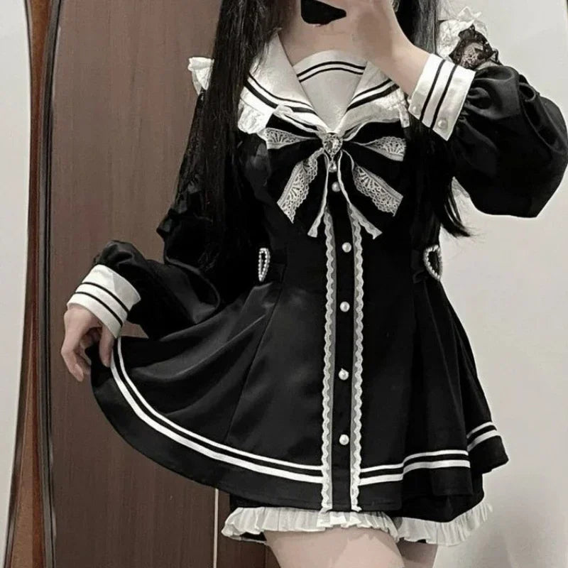 Women Y2k Aesthetic Lolita Style Bow Dress Shorts Set Japanese Gothic Lace Flare Sleeve Button Shirt Dress Punk Party Mini Dress