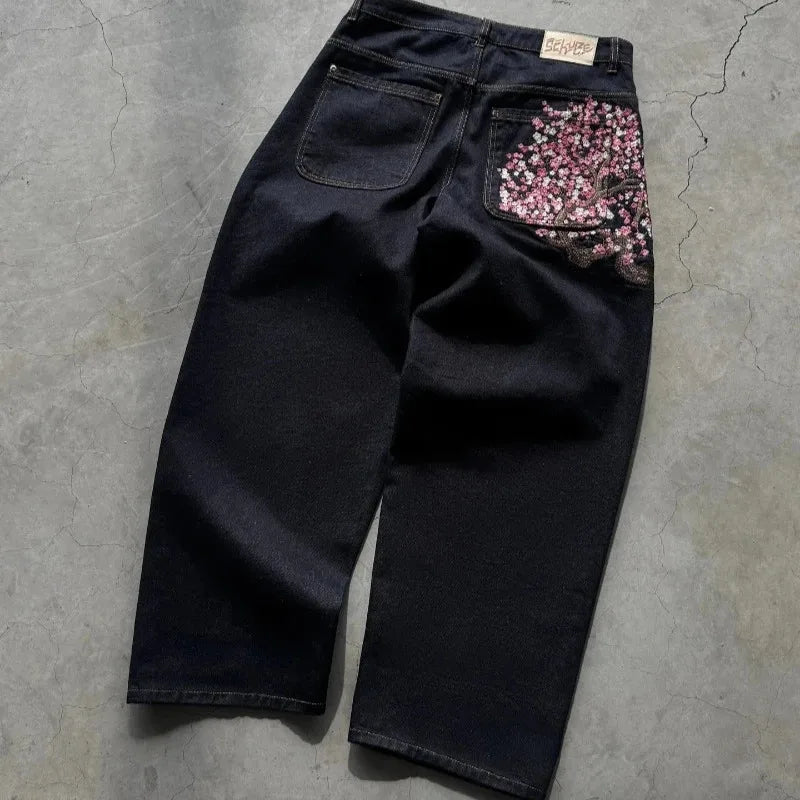 2025 New Y2K Baggy jeans Cherry Blossom Selvedge Embroidery Denim Pants men women denim fabric American Hiphop Streetwear W★★★★