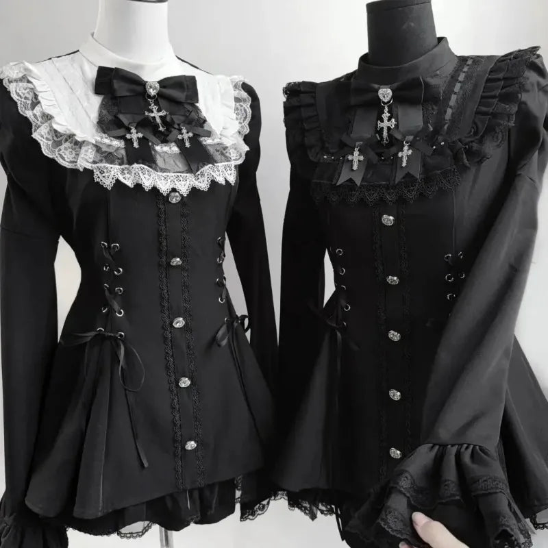 Women Y2k Aesthetic Lolita Style Bow Dress Shorts Set Japanese Gothic Lace Flare Sleeve Button Shirt Dress Punk Party Mini Dress