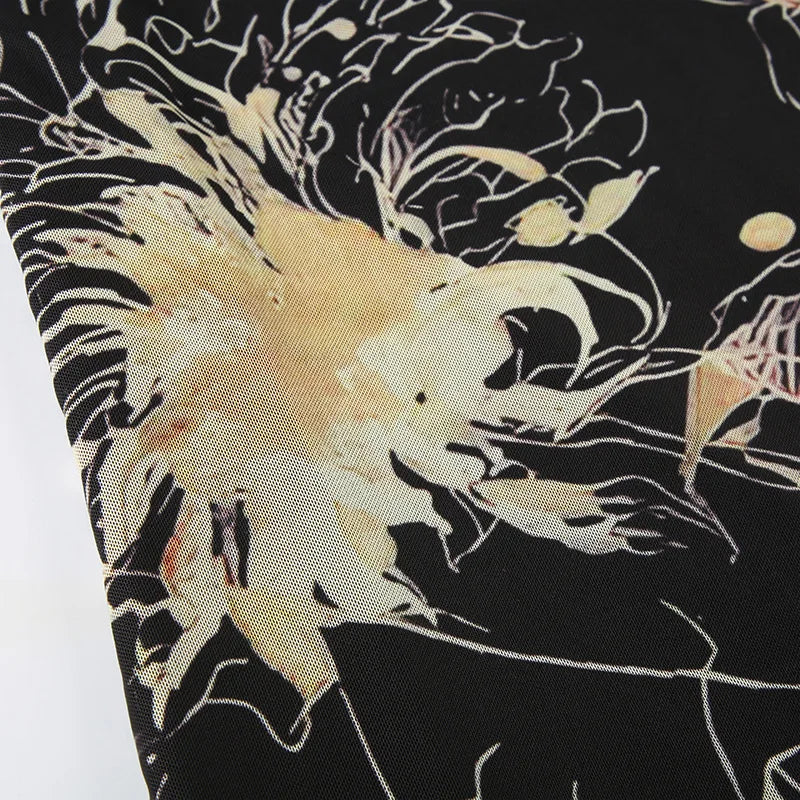 Y2K Double Layer Mesh A-line Skirt Women Fashion Florals Print Slim Skirts Fairy Streetwear Gothic Bottomsprint Print Mesh Skirt