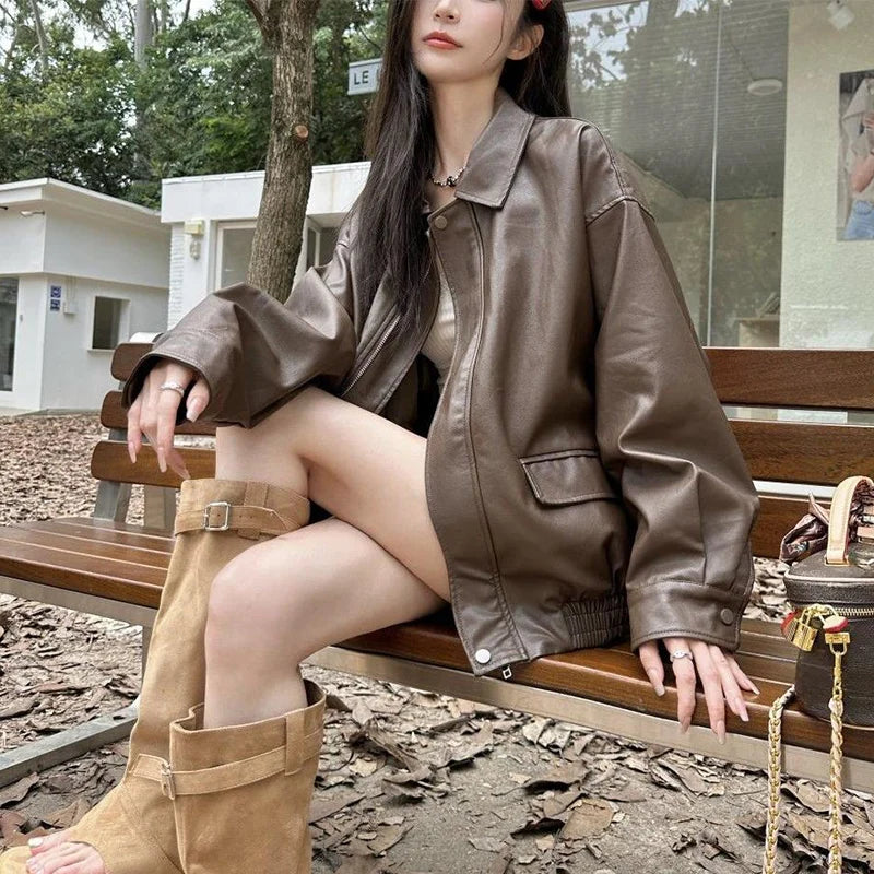 New American Retro Faux Leather Jacket Women Autumn Y2K Long Sleeve Pu Jackets Woman Stylish Loose Zipper Moto Biker Coats Mujer