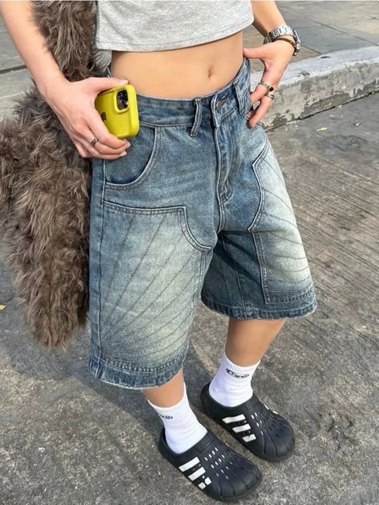 HOUZHOU Vintage Washed Y2k Jorts Women Streetwear Baggy Grunge Blue Denim Shorts Oversized Harajuku Aesthetic Knee Length Jeans