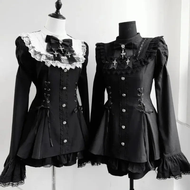 Women Y2k Aesthetic Lolita Style Bow Dress Shorts Set Japanese Gothic Lace Flare Sleeve Button Shirt Dress Punk Party Mini Dress
