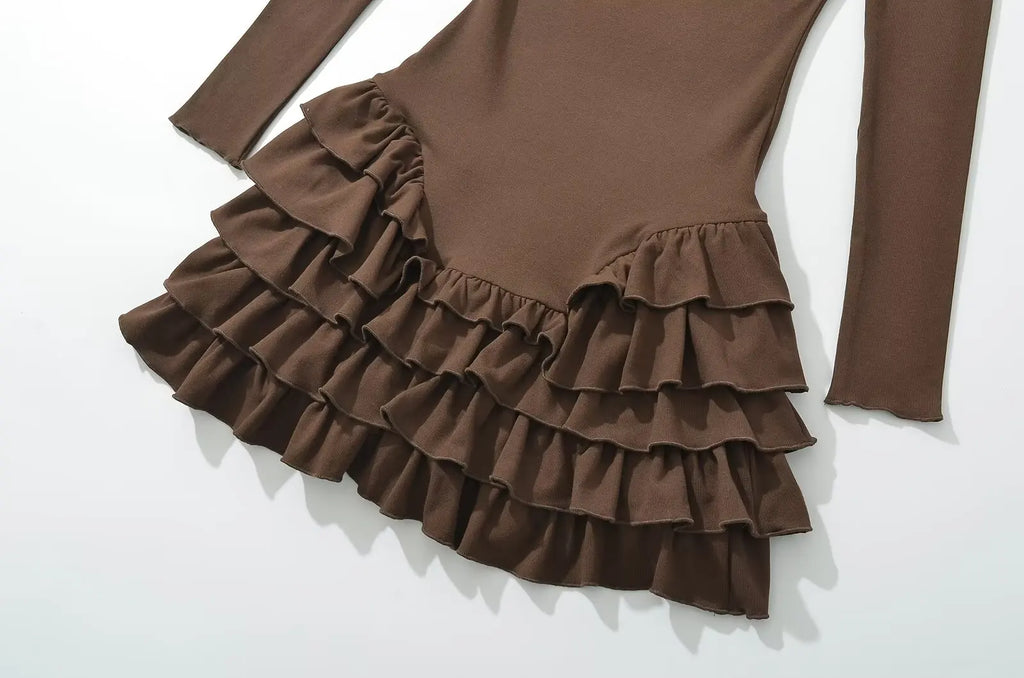 YENKYE Y2k Women Long Sleeve O Neck Ruffle Dresses Spring 2025 Basics Fashion Vestidos Mujer Spicy Girl Style Sexy Mini Dress