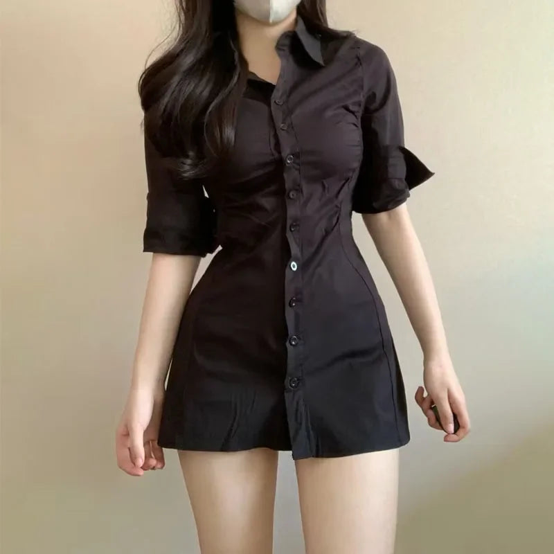 Mini Dresses for Women Skinny Sexy Female Solid Clothing Spring Summer Fashion Turn-down Collar Young Ins New High Waist Casual