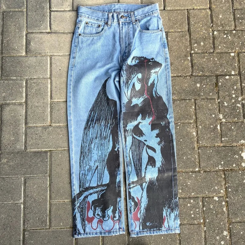 Y2k Anime Baggy Denim Trend Hand Drawn Printed Pattern New Men Women Pants Hip Hop Retro Harajuku Streetwear Unisex Casual Jeans