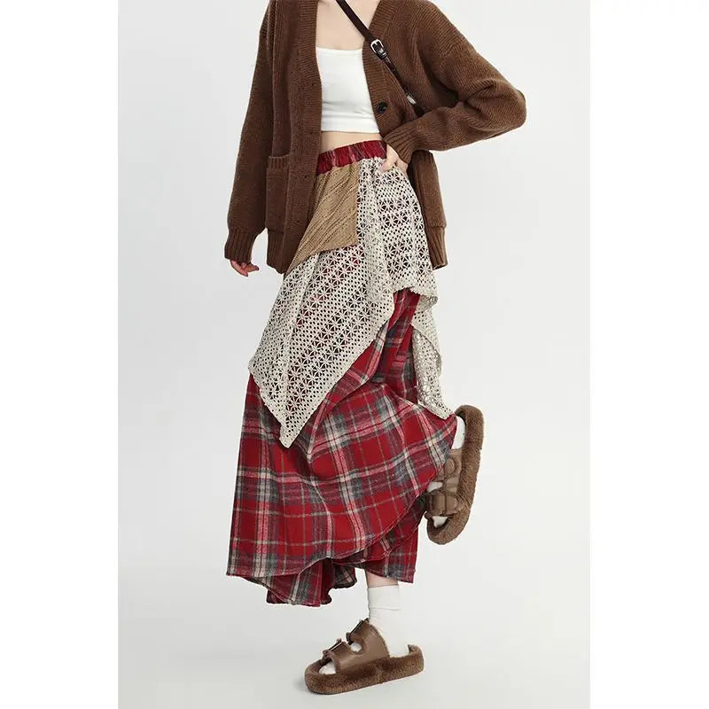 Y2k Skirts Women Clothing 2025 Faldas Mujer De Moda Contrast Color A-line Jupe Fashion Korean Saia Lace Plaid Casual Long Skirt