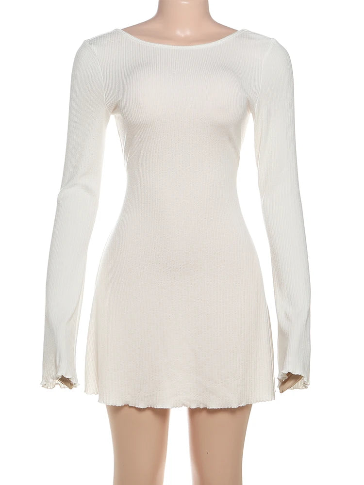 Macheda Y2K Style Mini Dress Women Autumn New Trend o-Neck Full Sleeve Backless Street Casual Fashion Ruched Elegant Clothing