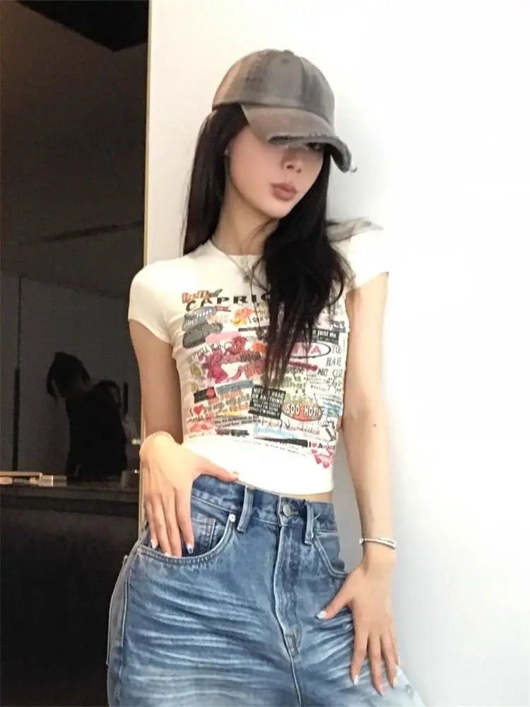Y2K Women Printing T Shirts Summer Sexy Slim Short Sleeve Tops Female Fashion Gothic Streetwear Skinny Crop Tees New
