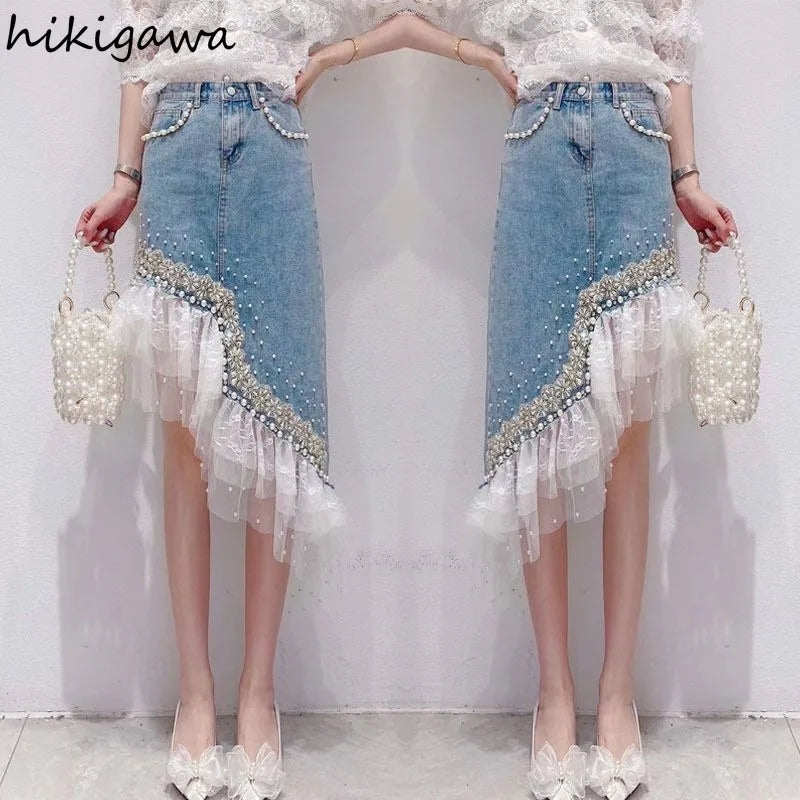 Denim Skirt Women Patchwork Lace Sweet Jupe 2025 Faldas Mujer De Moda Fashion Irregular Beading Summer Saia Bodycon Y2k Skirts