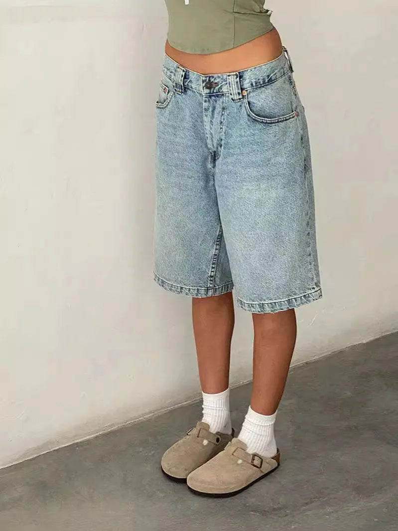 Y2k Aesthetic Bermuda Denim Shorts 90s Vintage Low Rise Wide Leg Knee Length Carpenter Jean Shorts Women Cow Girl Baggy Jorts