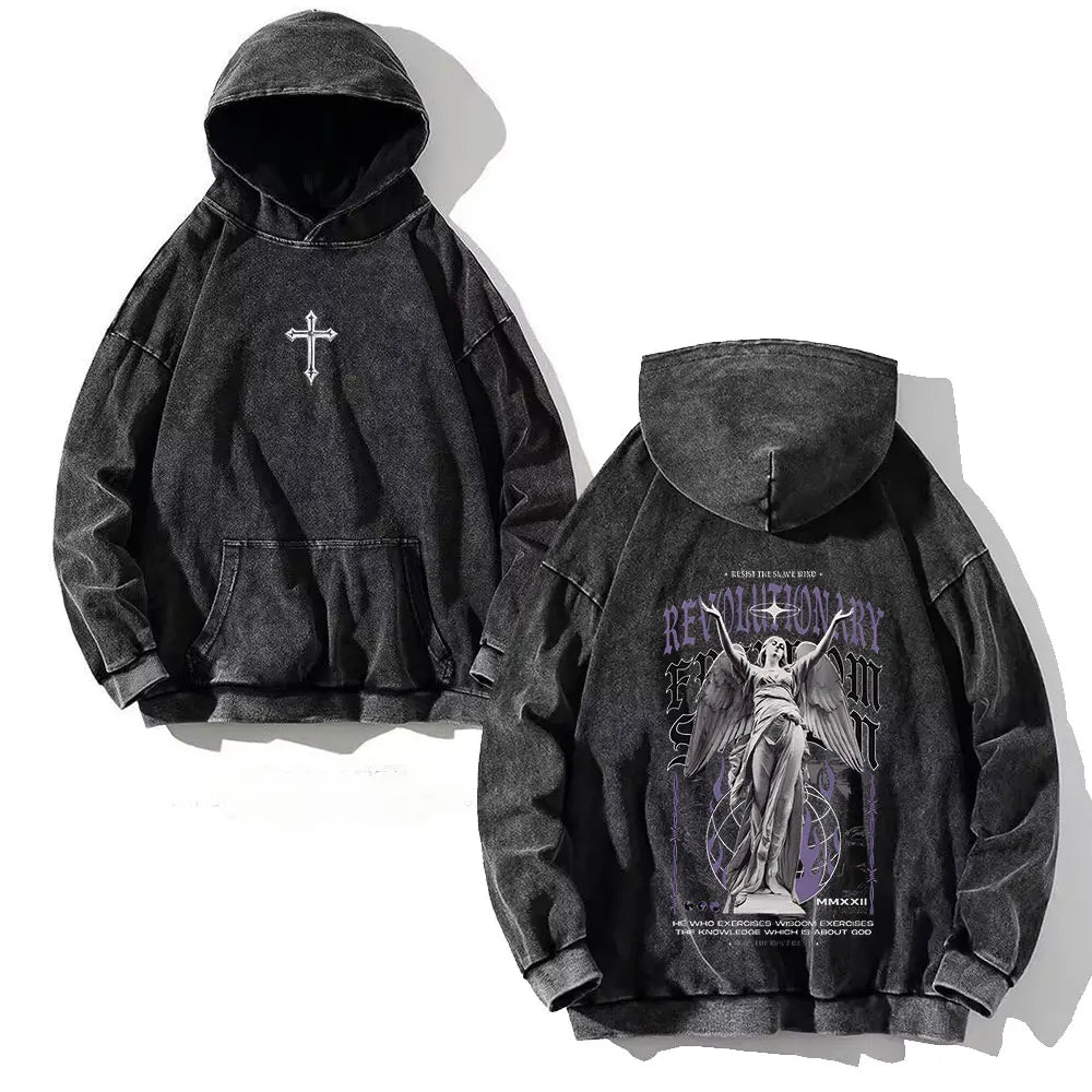 Vintage Y2K Cross Printed Washed Hoodie Cotton Long Sleeve Hip Hop Men Winter Clothing Fashion Casual Hip Hop Hooded Sweatshirt