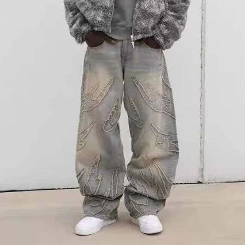 2025 Y2k Hip Hop Baggy Jeans Men's Street Fashion Raw Edge Embroidered Jeans Street Gothic Retro High Waisted Wide Leg Trousers