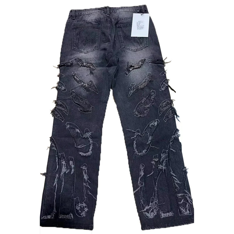 2025 Y2k Hip Hop Baggy Jeans Men's Street Fashion Raw Edge Embroidered Jeans Street Gothic Retro High Waisted Wide Leg Trousers
