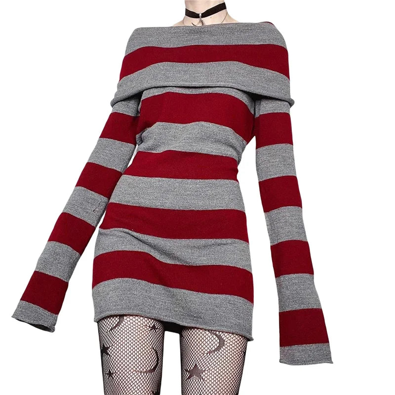 Y2K Striped Sweater Mini Dress Mall Goth Grunge Emo Bodycon Chic Women Off Shoulder Full Sleeve Slim Fit Dresses 00s Vintage