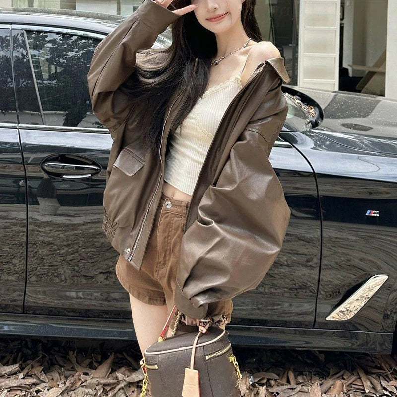 New American Retro Faux Leather Jacket Women Autumn Y2K Long Sleeve Pu Jackets Woman Stylish Loose Zipper Moto Biker Coats Mujer
