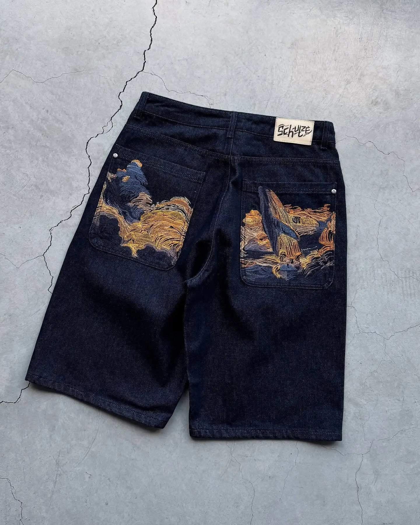 Fashion Cherry Blossom Pocket Embroidery Jeans Shorts Men Women Retro Baggy Black Denim Short Y2k Jorts Hip Hop Streetwear Pants