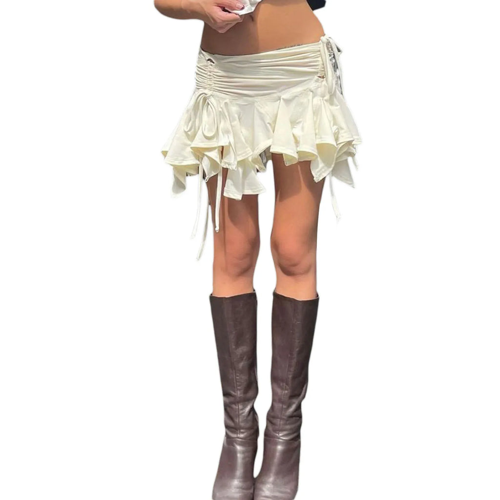 Y2K Gothic Punk Women Irregular Duck Skirts Solid Color Drawstring Tie-Up Ruched Ruffles Mini Skirt Summer Fashion Short Skirts