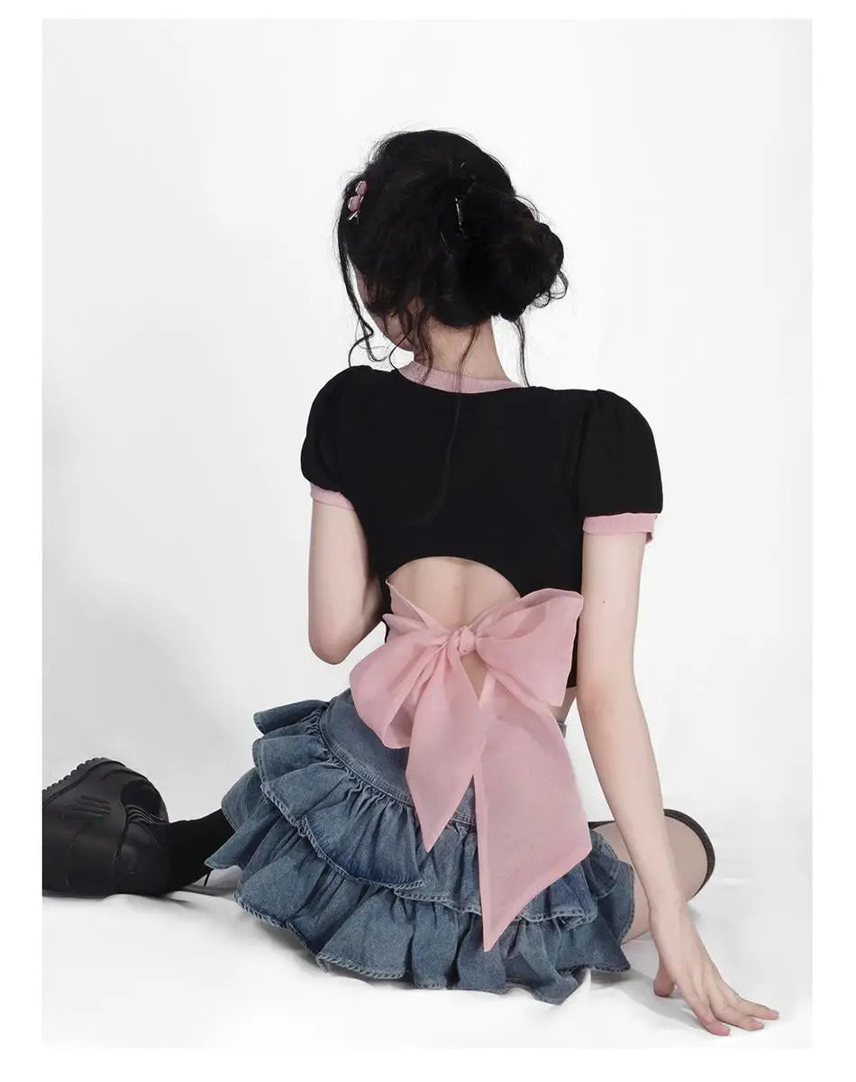 Y2k Skirt Set Bow Tie Love Hollow Out Crop Top Denim Ruffled Pleated Skirt 2 Piece Sets Women Summer Sexy Backless Outfits Suit