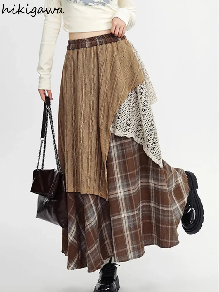 Y2k Skirts Women Clothing 2025 Faldas Mujer De Moda Contrast Color A-line Jupe Fashion Korean Saia Lace Plaid Casual Long Skirt