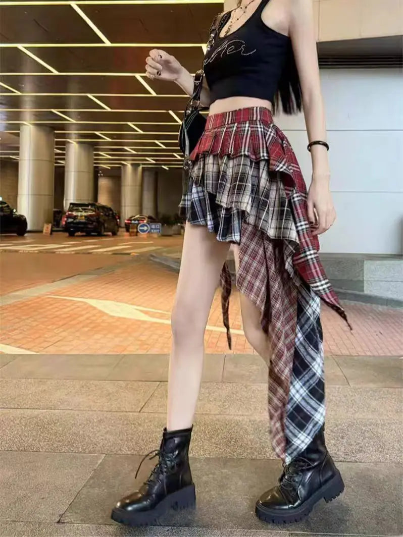 New In Y2k Skirt For Women 2024 Summer Autumn Plaid Patchwork Tassel Sexy Mini Short Skirt Japan Popular Skirt