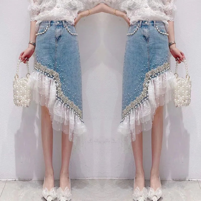 Denim Skirt Women Patchwork Lace Sweet Jupe 2025 Faldas Mujer De Moda Fashion Irregular Beading Summer Saia Bodycon Y2k Skirts