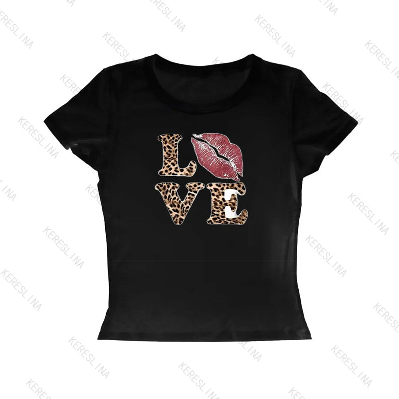 Y2k leopard LOVE Print spicy girl crop top Baby tee 2000s