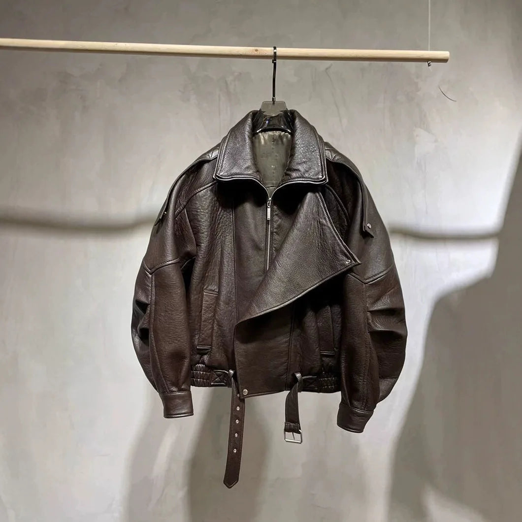 Women Jacket PU Leather Casual Short Punk Lace Up Turn Down Collar Long Sleeve Zipper Loose Y2k Street Wear British 2025 Winter