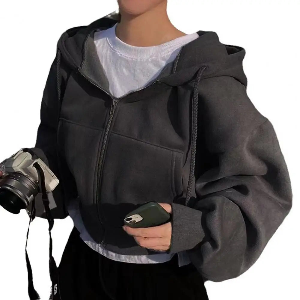 Y2K Zip Up Hoodies Harajuku Oversized Women Short Hoodie Coat Casual Hood Sweatshirt Women Crop Tops Female Loose Jackets Coat