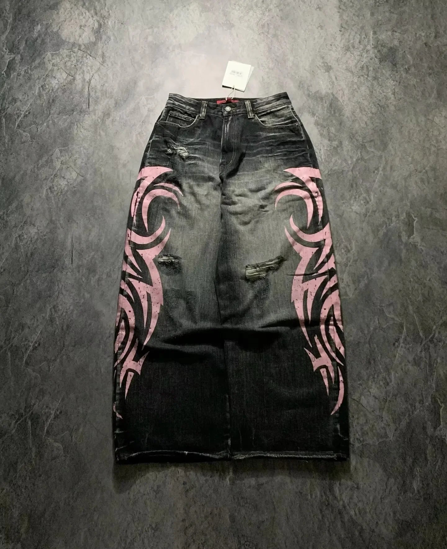 Y2K Pink Baggy Jeans Vintage Printing Pattern Washed Ripped Jeans Hip Hop Streetwear Harajuku Men Women Casual Wide Leg Jeans