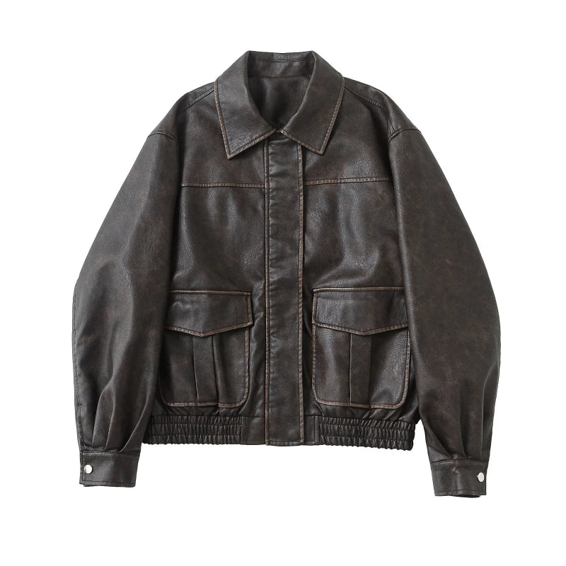 Faux Leather Women Jackets Pu Coats Turn Down Collar Coat Casual Loose Y2k Streetwear Splice Work Jacket Autumn Winter 2025