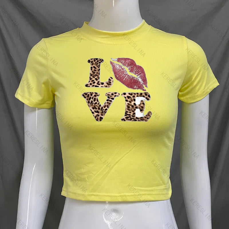Y2k leopard LOVE Print spicy girl crop top Baby tee 2000s