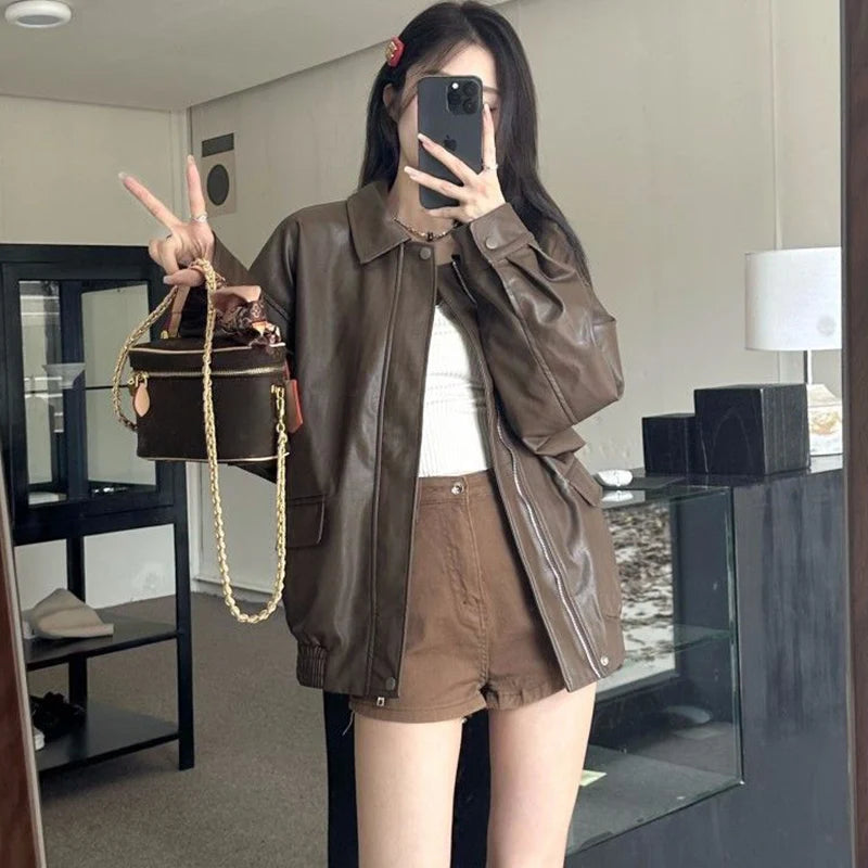 New American Retro Faux Leather Jacket Women Autumn Y2K Long Sleeve Pu Jackets Woman Stylish Loose Zipper Moto Biker Coats Mujer