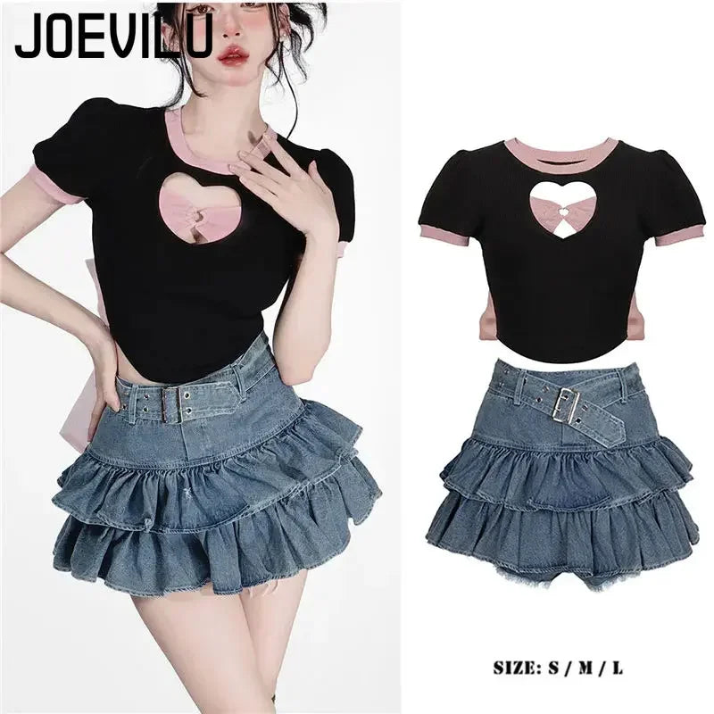 Y2k Skirt Set Bow Tie Love Hollow Out Crop Top Denim Ruffled Pleated Skirt 2 Piece Sets Women Summer Sexy Backless Outfits Suit